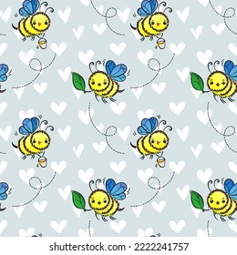 Kawaii Bienenmuster. Schönes, nahtloses Muster mit kleinen Honigbienen. Doodle, Vektorgrafik-Kinder. Perfekt für Kindergewebe, Textilien, Umhüllung, Web
