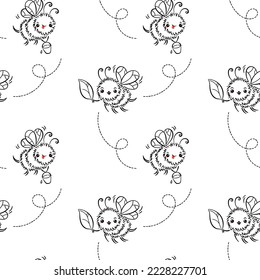 Kawaii bee pattern. Beautiful lovely seamless pattern with little honey bees. Doodle vector children illustration. Perfect for kids fabric, textile, wrapping, web
