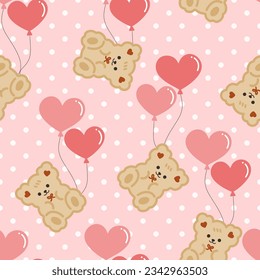 Kawaii beige teddy bears with pink heart shape balloons on a pastel pink girly background with polka dot texture, cute colorful seamless pattern design for kids fabric and textile print