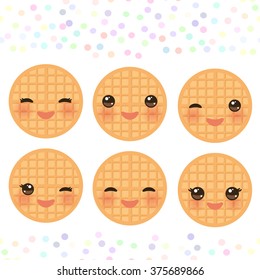 Kawaii Belgium round waffles set with pink cheeks and winking eyes, pastel colors on white background. Vector