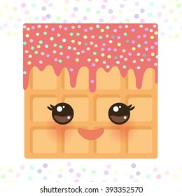 Kawaii Belgium square waffles with pink cheeks and eyes, pastel colors on white background. Vector