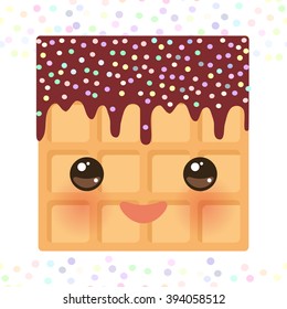 Kawaii Belgium square waffles with pink cheeks and eyes, pastel colors on white background. Vector