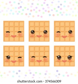 Kawaii Belgium square waffles set with pink cheeks and winking eyes, pastel colors on white background. Vector