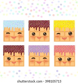 Kawaii Belgium square waffles set with pink cheeks and winking eyes, pastel colors on white background. Vector