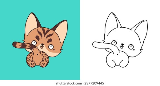 Kawaii Bengal Kitty Multicolored and Black and White. Beautiful Isolated Baby Cat. Cute Vector Illustration of a Kawaii Pet for Prints for Clothes, Stickers, Baby Shower. 