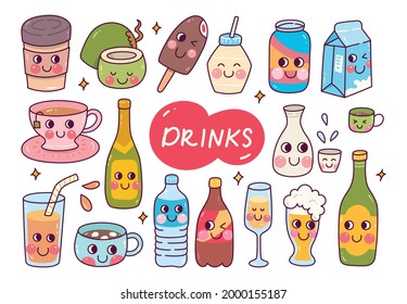 Kawaii Beverage Doodle Set. Hand Drawn Cartoon Drink 