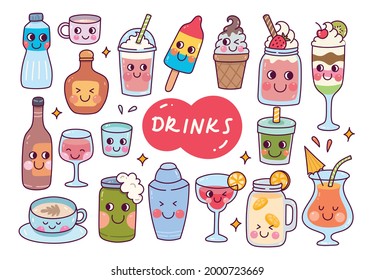 Doodle de bebidas de Kawaii aislado en fondo blanco 