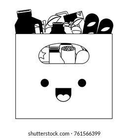 kawaii big paper bag with handle and foods sausage and bread apples and drinks orange juice and water bottle and lacteal in black silhouette