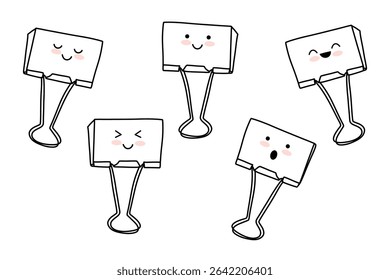 Kawaii Binder Clips with Cute Faces. Line art. Cute Office Clips with Emotions, Kawaii Style. Back to School. Vector Illustrations