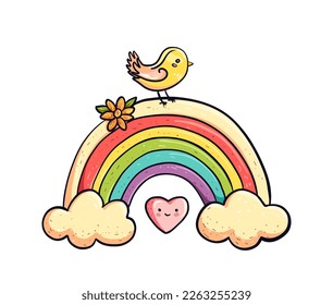 Kawaii bird, rainbow, clouds, heart. Beautiful cartoon character illustration in retro style. Vector cute design