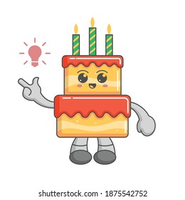 Kawaii Birthday Cake Character Cartoon Design Concept Have An Idea With Lamp Icon