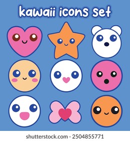 Kawaii birthday cake icon with cute cartoon vector balloons and isolated party elements for a fun and colorful celebration invitation.