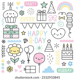 Conjunto de garabatos de cumpleaños Kawaii ilustración de dibujo de línea de Vector