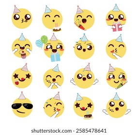 Kawaii birthday emojis vector design. Birth day emoji faces in happy facial expression with party hats, gifts and cake element for cute celebration character collection. Vector illustration.
