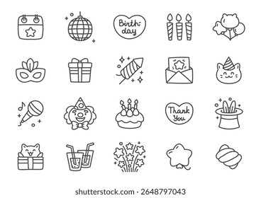 Kawaii birthday icon set. Set of cute birthday icons including gifts, candles, cake, clown, balloons, drinks, stars and party elements isolated on white background. Vector 10 EPS.