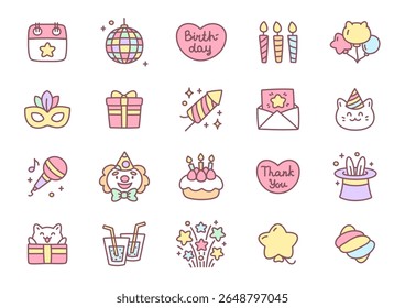 Kawaii birthday icon set. Pastel-colored set of cute birthday icons including gifts, candles, cake, clown, balloons, drinks, stars and party elements isolated on white background. Vector 10 EPS.