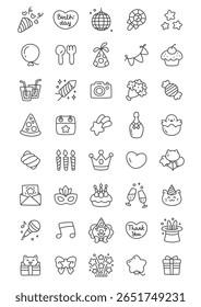 Kawaii birthday party icon set. Collection of monochrome illustrations for birthday celebration including gifts, cakes, balloons, party hats, stars, and decorations isolated on white background. Vecto