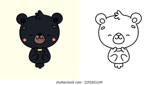 Kawaii Black Bear Clipart Multicolored and Black and White. Cute Kawaii Black Bear. Vector Illustration of a Kawaii Animal for Stickers, Prints for Clothes, Baby Shower, Coloring Pages.
