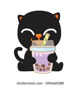 Kawaii black cat with bubble tea, cute cartoon Meow isolated cartoon illustration, vector design