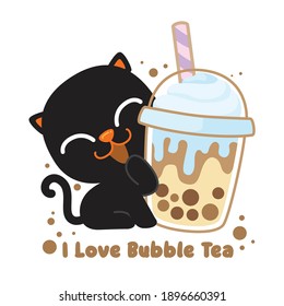 Kawaii black cat with bubble tea, cute cartoon Meow isolated cartoon illustration, vector design