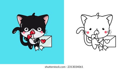 Kawaii Black Cat Clipart Multicolored and Black and White. Cute Kawaii Cat. Vector Illustration of a Kawaii Animal for Stickers, Prints for Clothes, Baby Shower, Coloring Pages.

