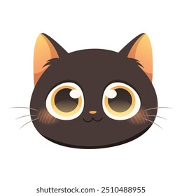 Gato negro kawaii. Cara de gatito negro dibujado con ojos grandes sobre fondo blanco. Ilustración vectorial