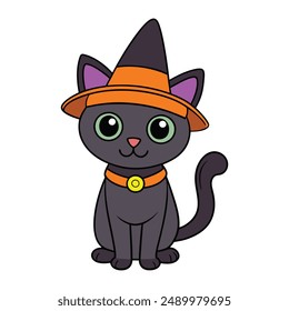 Kawaii Black Cat in Halloween Hat Vector Design