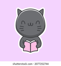 Kawaii Black Cat Reading A Book Illustration. Vector Graphics For T-shirt Prints And Other Uses.