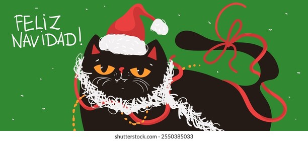 kawaii schwarze Katze in Weihnachtsmütze mit Weihnachtsgirlande. Feliz Navidad Vektorgrafik im flachen Stil