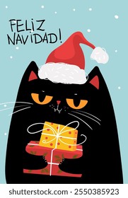 kawaii schwarze Katze in Weihnachtsmütze mit Weihnachtsgeschenken. Feliz Navidad Grußkarte, Poster, Flyer, Banner im flachen Stil