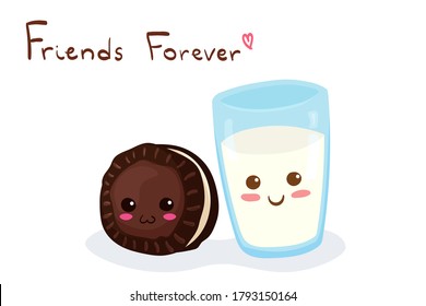 Kawaii Black Cookie & Glass of Milk with Friends Forever lettering. Cute funny & happy breakfast characters. Adorable cartoon food vector illustration for cards, fabric print, stickers, posters.