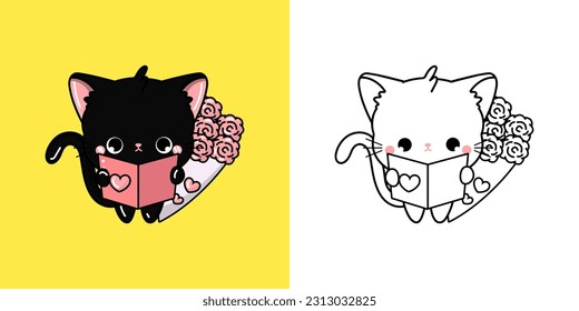 Kawaii Black Kitten Illustration and For Coloring Page. Funny Kawaii Cat. Vector Illustration of a Kawaii Animal for Stickers, Baby Shower, Coloring Pages, Prints for Clothes.
