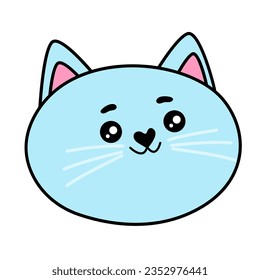 Kawaii blue cat face. Cartoon style vector set. Cat head emoticon isolated on white background