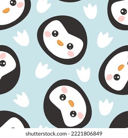 Kawaii blue penguin face with footprint texture, cute kids winter colorful wrapping paper, fabric and textile print.