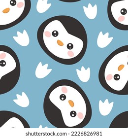 Kawaii blue penguin face with footprint texture, cute kids winter colorful wrapping paper, fabric and textile print.