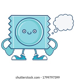 caricatura del icono del envoltorio de condón con sonrisa azul kawaii aislado en fondo blanco