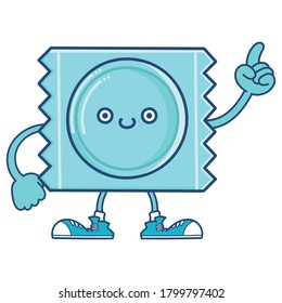 kawaii-blauer Lächeln Kondom-Wrapper-Symbol-Cartoon einzeln auf weißem Hintergrund