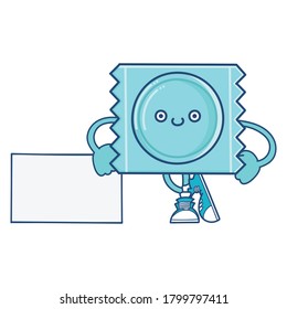 kawaii blue smiling condom wrapper icon cartoon isolated on white background