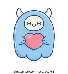 kawaii blue valentine monster holding heart isolated on white
