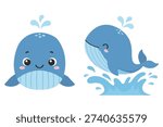 Kawaii blue whale character set splashing in water for ocean life and sea animal clipart