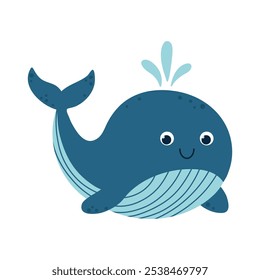 Kawaii blue whale with water splash, big round eyes, wide, smiling face, cheerful expression. Cute sea animal with soft, rounded features. Naive cartoon vector illustration, ideal for childrens design