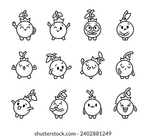 Kawaii blueberry cartoon character. Coloring Page. Cute fruit in different emotion. Hand drawn style. Vector drawing. Collection of design elements.