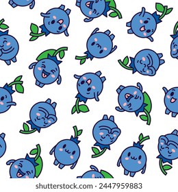Kawaii blueberry cartoon character. Seamless pattern. Cute fruit in different emotion. Hand drawn style. Vector drawing. Design ornaments.