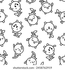 Kawaii blueberry cartoon character. Seamless pattern. Coloring Page. Cute fruit in different emotion. Hand drawn style. Vector drawing. Design ornaments.