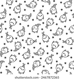 Kawaii blueberry cartoon character. Seamless pattern. Coloring Page. Cute fruit in different emotion. Hand drawn style. Vector drawing. Design ornaments.