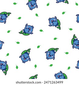 Kawaii blueberry cartoon character. Seamless pattern. Cute fruit in different emotion. Hand drawn style. Vector drawing. Design ornaments.