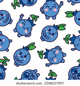 Kawaii blueberry cartoon character. Seamless pattern. Cute fruit in different emotion. Hand drawn style. Vector drawing. Design ornaments.