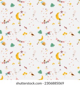 Kawaii boho Kindermuster nahtlos. Feiner Vogelmond und sternengewachsene Tapeten-Dekorationsmuster. Design für Gewebe, Kinderbekleidung, Element, Textur, Vektorgrafik, Dekoration, Umhüllung, Druck