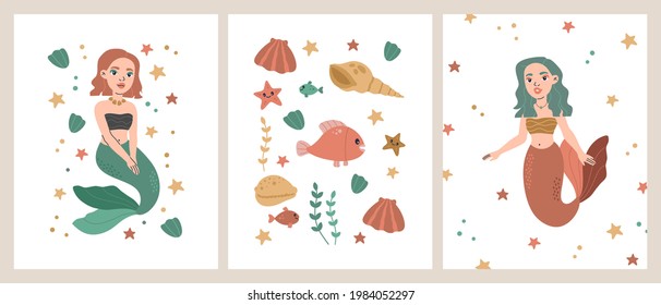 Kawaii boho mermaids and cute exotic sea animals posters collection for greeting cards, prints and home decor. Modern trendy vector illustration, pastel colors in bohemian style on white background
