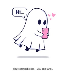Kawaii boo holding a smartphone. Happy Halloween. Cute ghost cartoon spooky character. Vector illustration